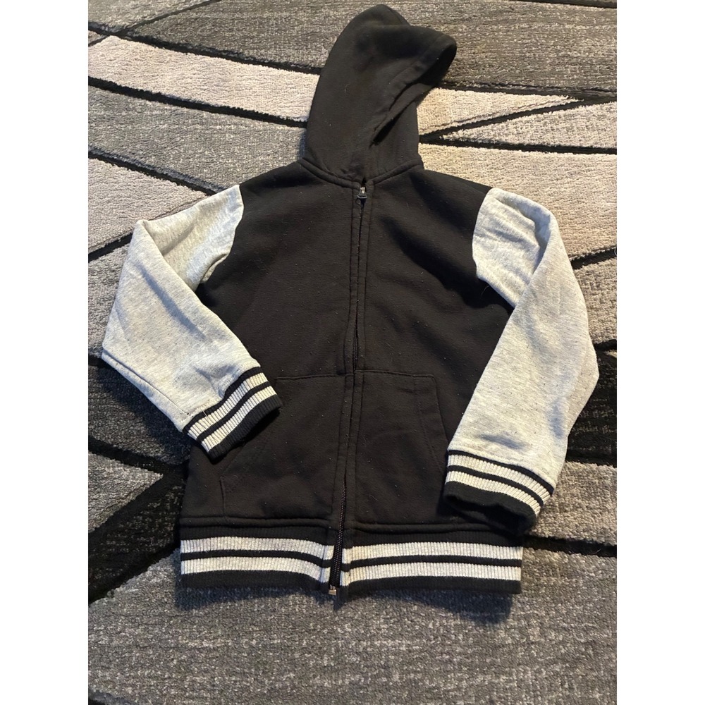 Copper Denim Boys Varsity Zip Up Hoodie Black Gray Striped Cuffs Size 6